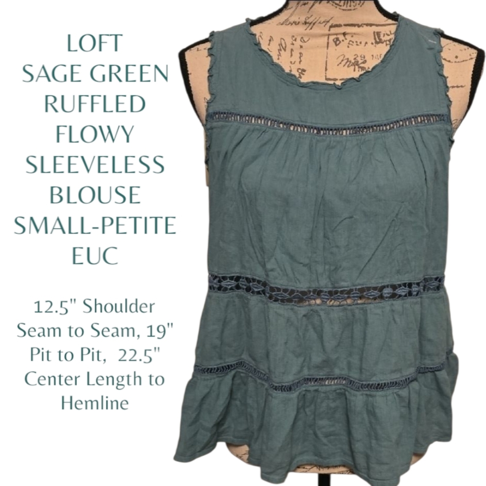 LOFT Sage Ruffled, Tiered, Flowy Boho Sleeveless Top Blouse Small-Petite SP NwoT